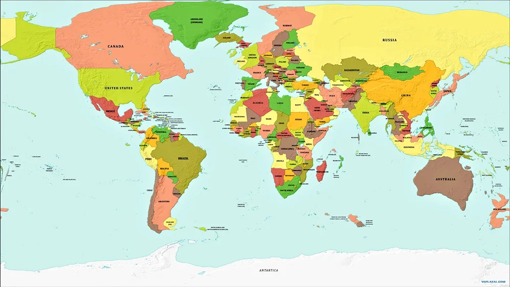 World map with borders of states 2022 in Russian with countries