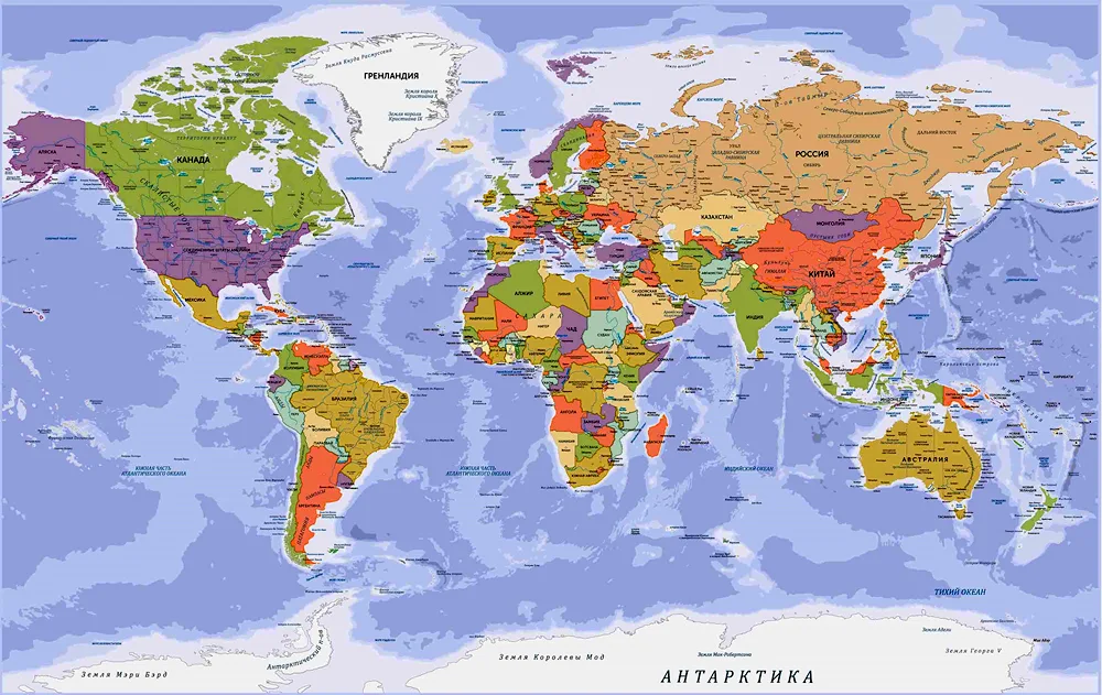 World map with borders of states in Russian 2022