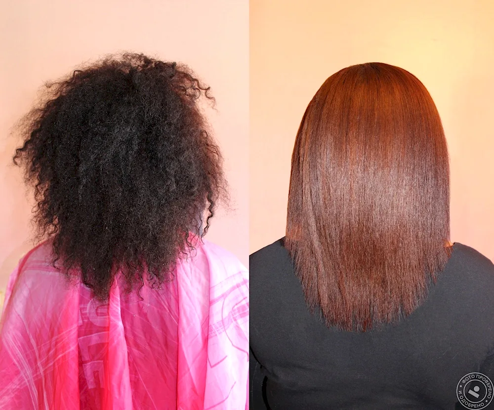 Keratin straightening with a flat iron before and after