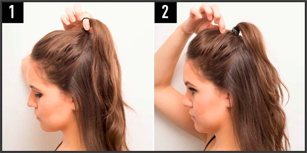 Ponytail on top of head with loose hair
