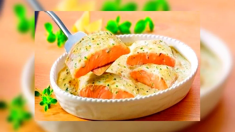 Humpback salmon fillet in sour cream sauce