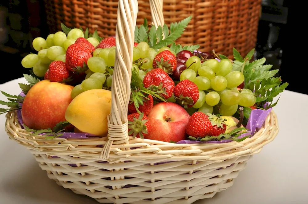 Fruit basket with flowers and fruit