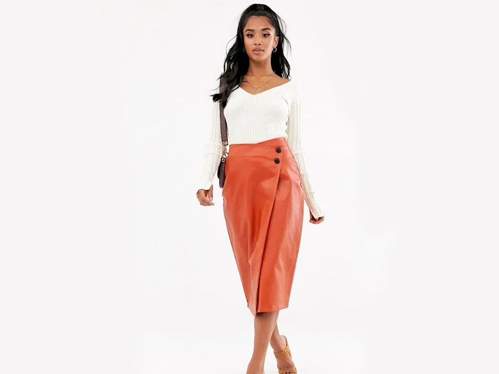 Leather midi skirt with flared skirt