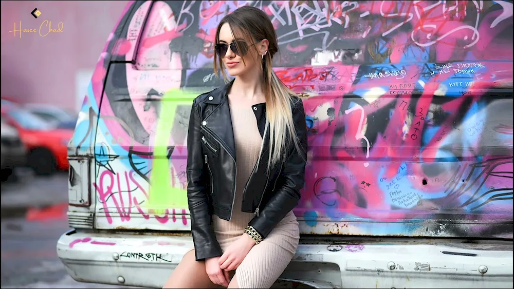 Leather jacket with graffiti