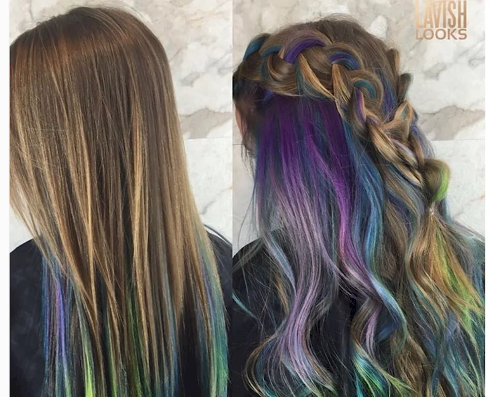 Coloured strands on blonde hair