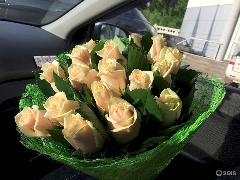 Bouquet of roses in the car