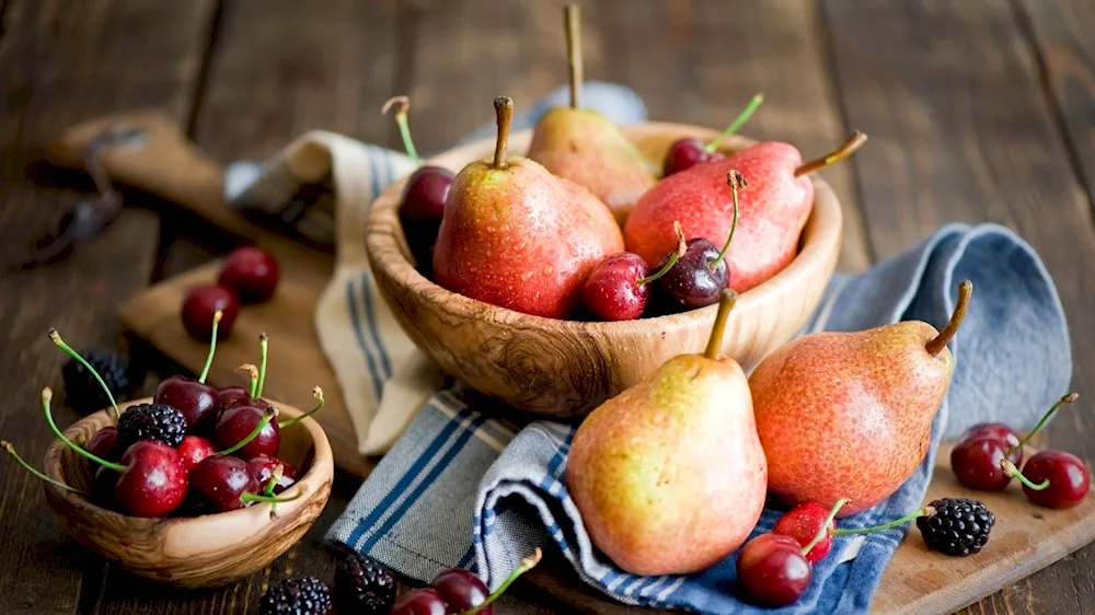 Cherry still life with flowers and fruit