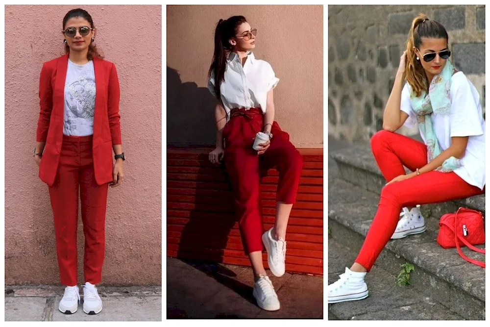 Red trainers with red trousers