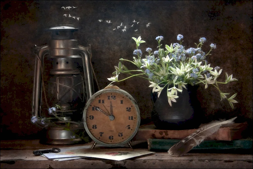 Krestovsky clock and dolls still life