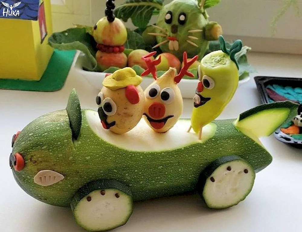 Crocodile Gena and Cheburashka from vegetables and fruits