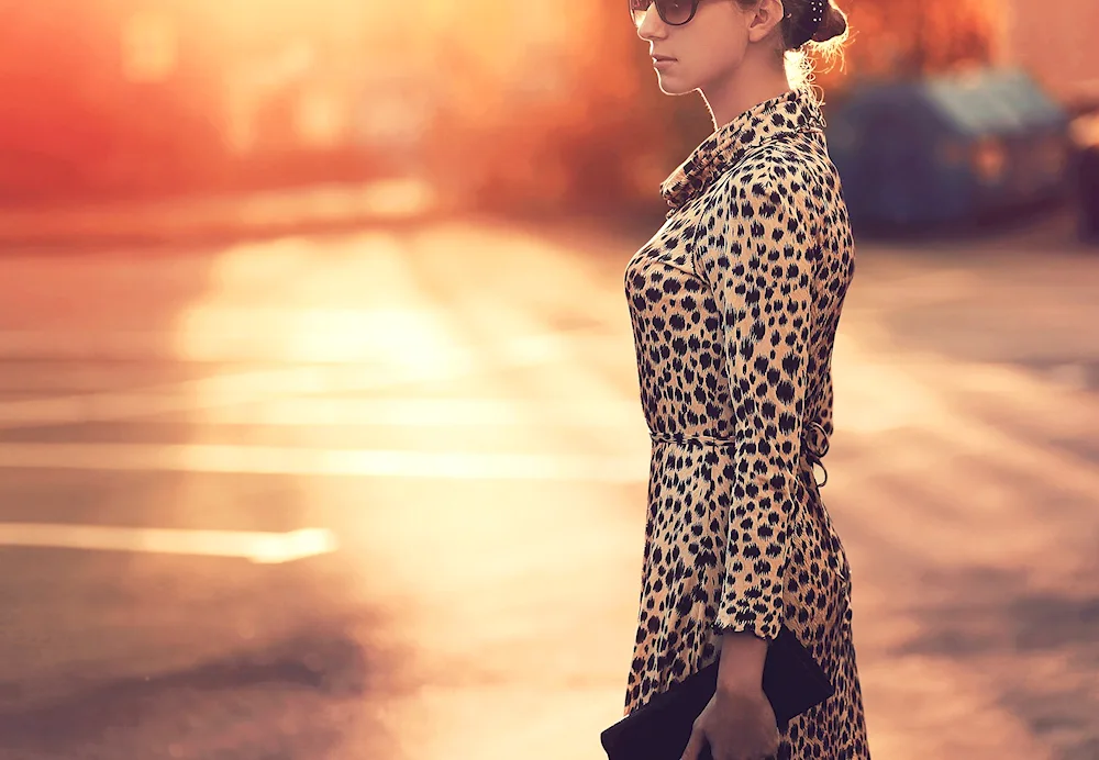 In leopard dress and stockings