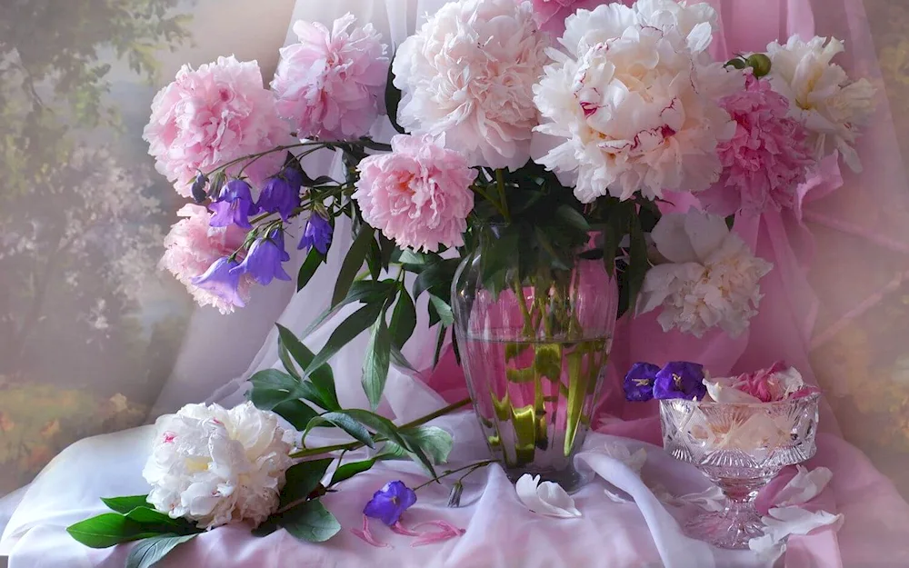 Paintings of white peonies