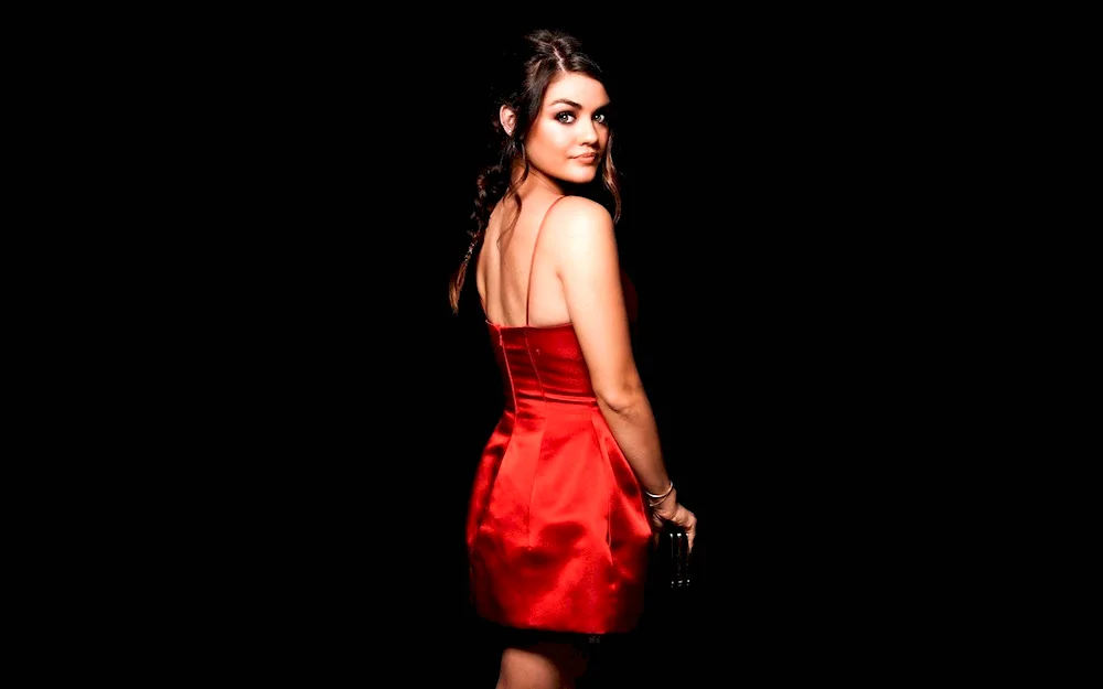 Lucy Hale in a red dress