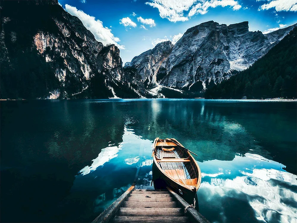 Boat on the lake in the mountains