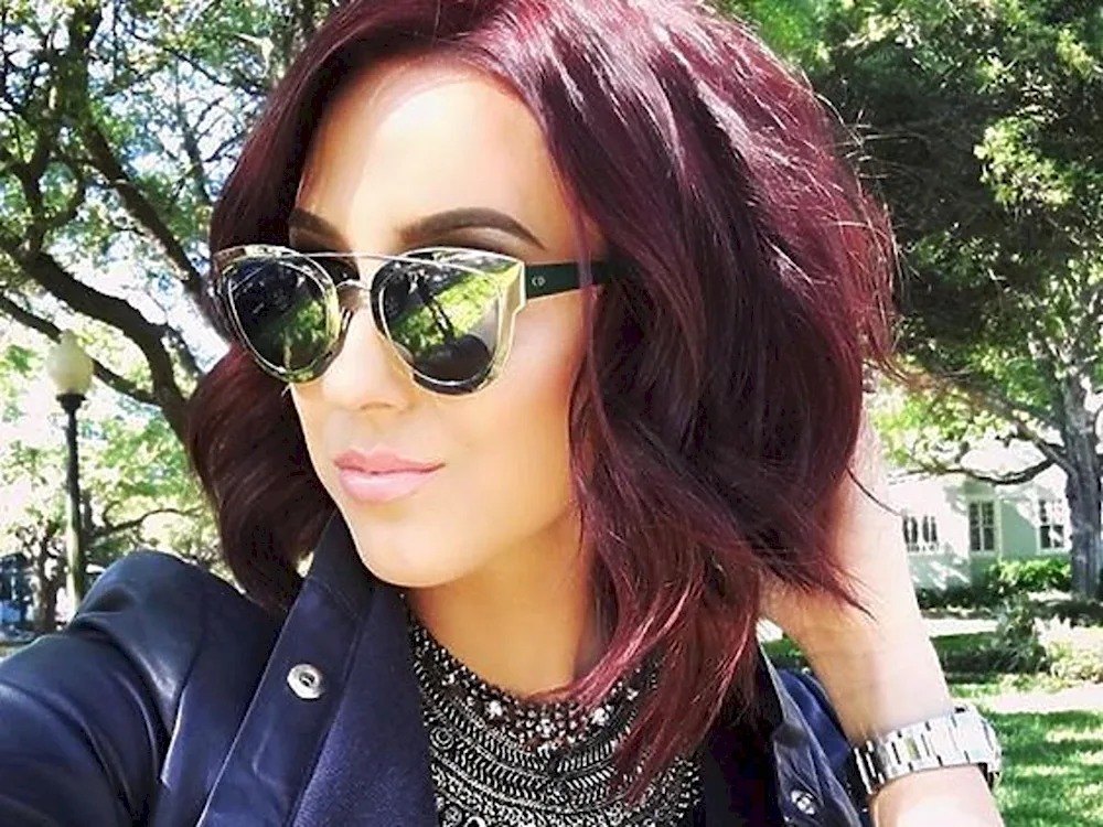 Long bob burgundy hair colour