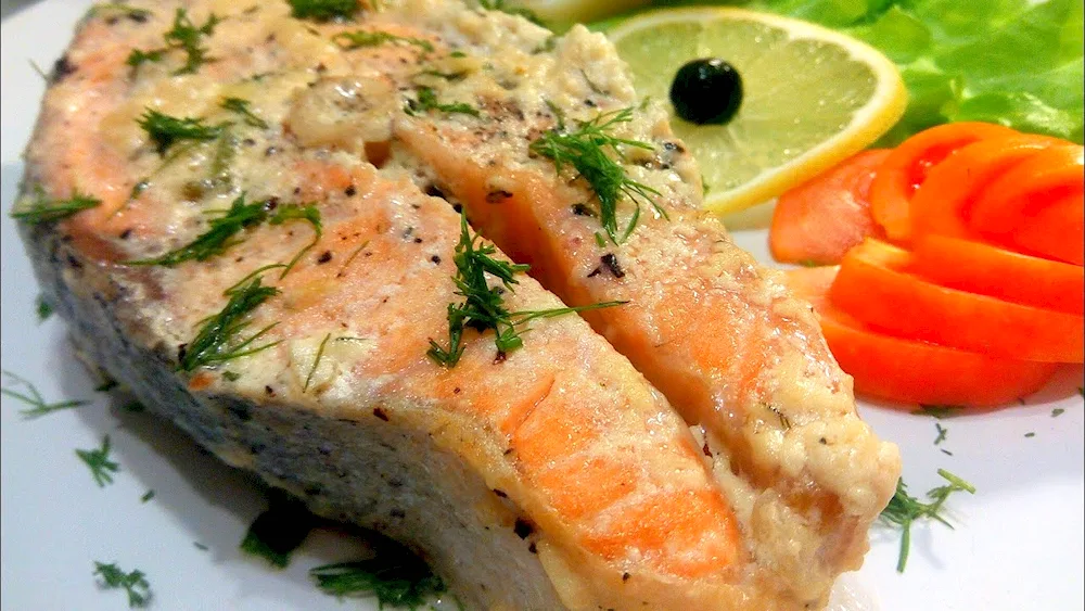 Humpback salmon in cream sauce sauce