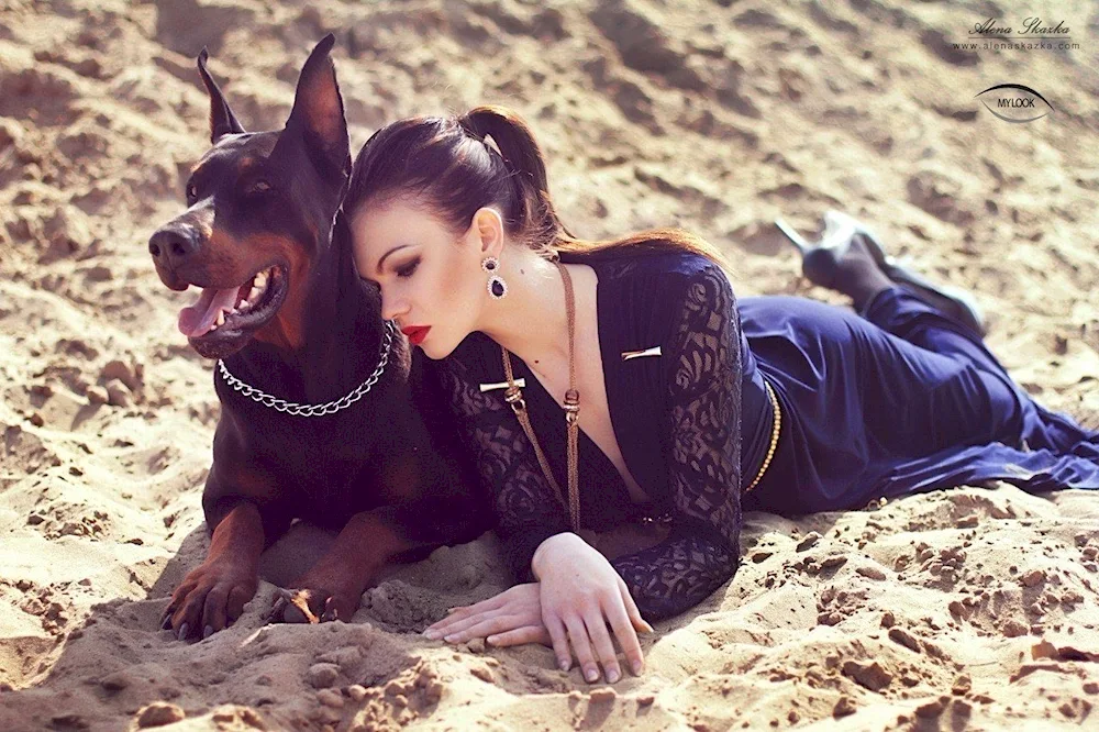 Model Jovana Ventura with Doberman