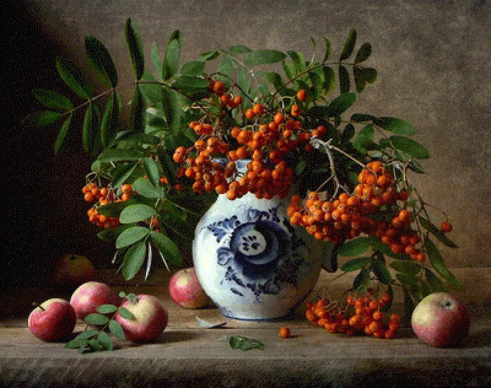 A still life of Boris Scherbakov apples and grapes