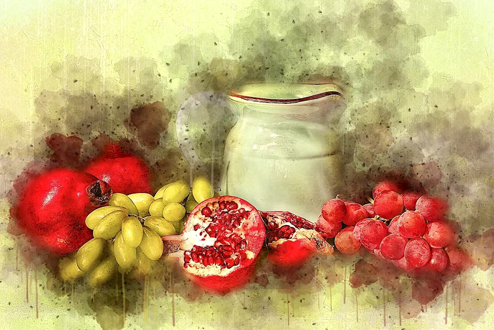 Watercolour still life pitcher and fruit watercolour