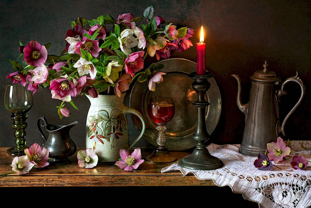 Pottery still life with flowers