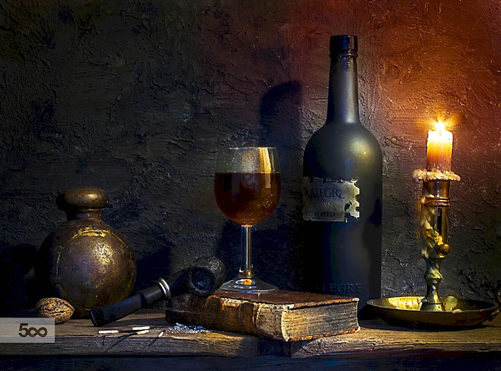 Wine still life on black background