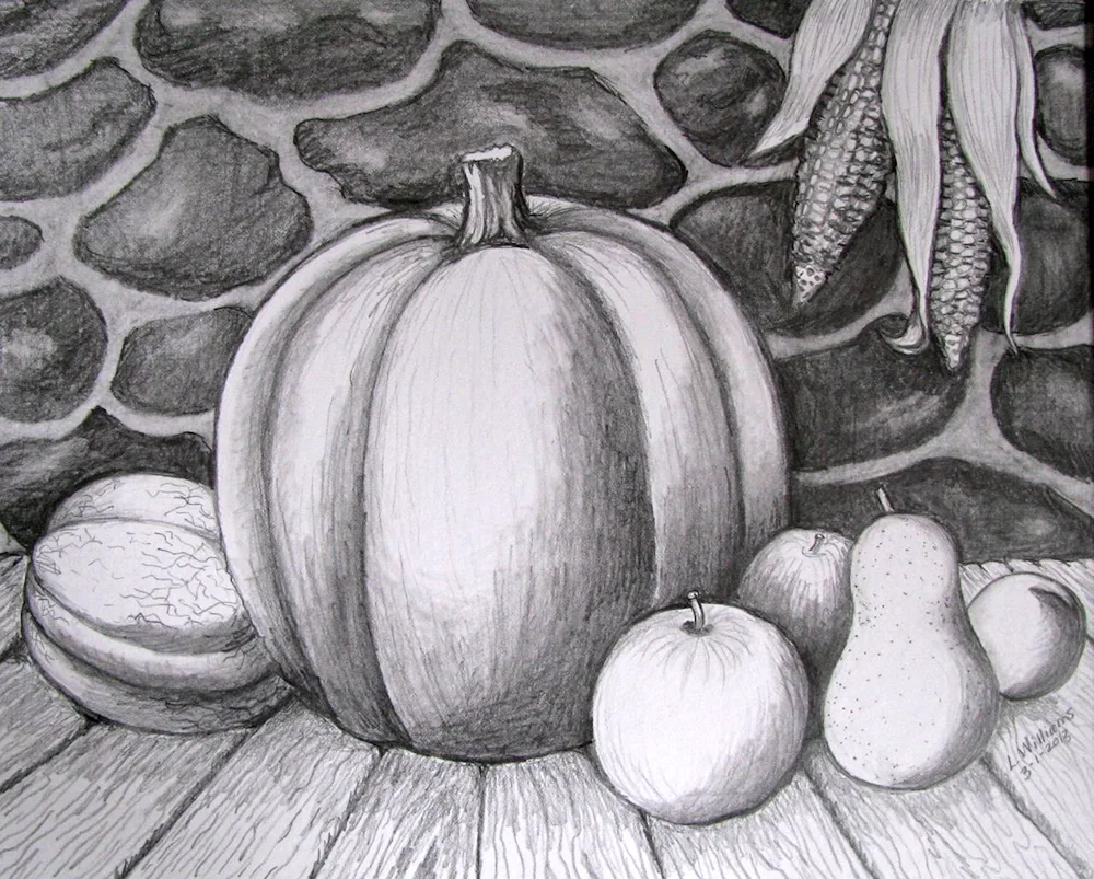 Pencil still life with fruit in pencil