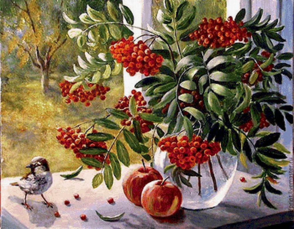 Still life with rowan. painting
