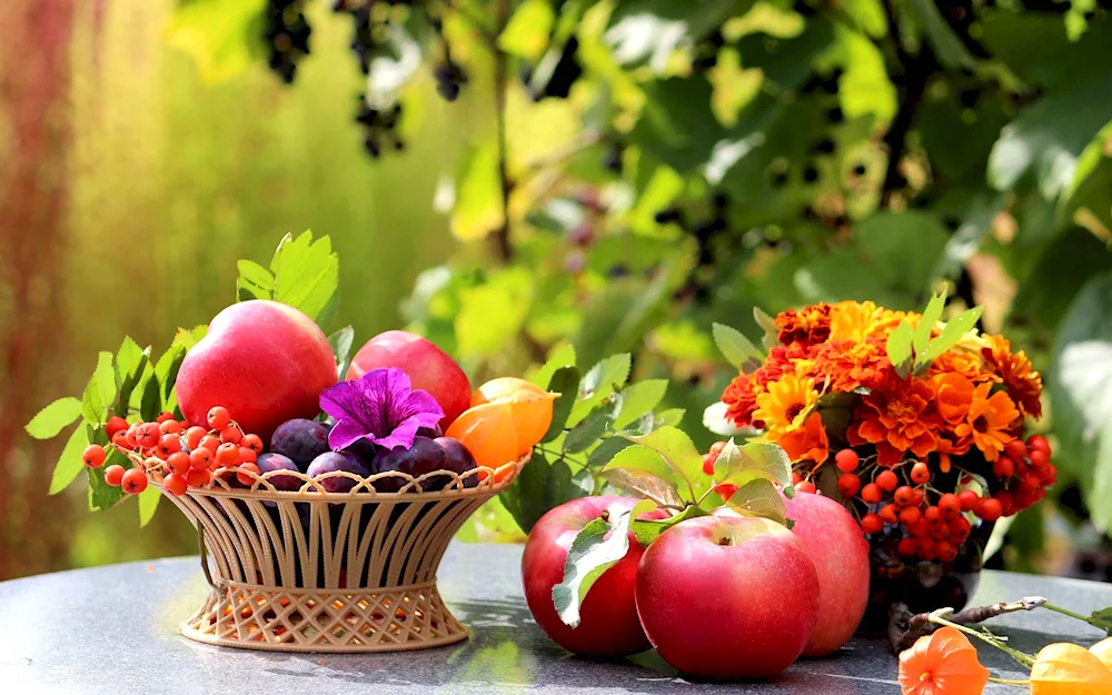 Still life with flowers and fruit