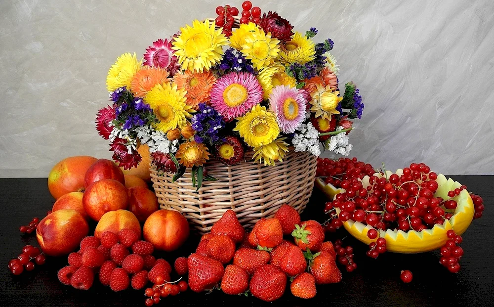 Fruit basket with flowers and fruit