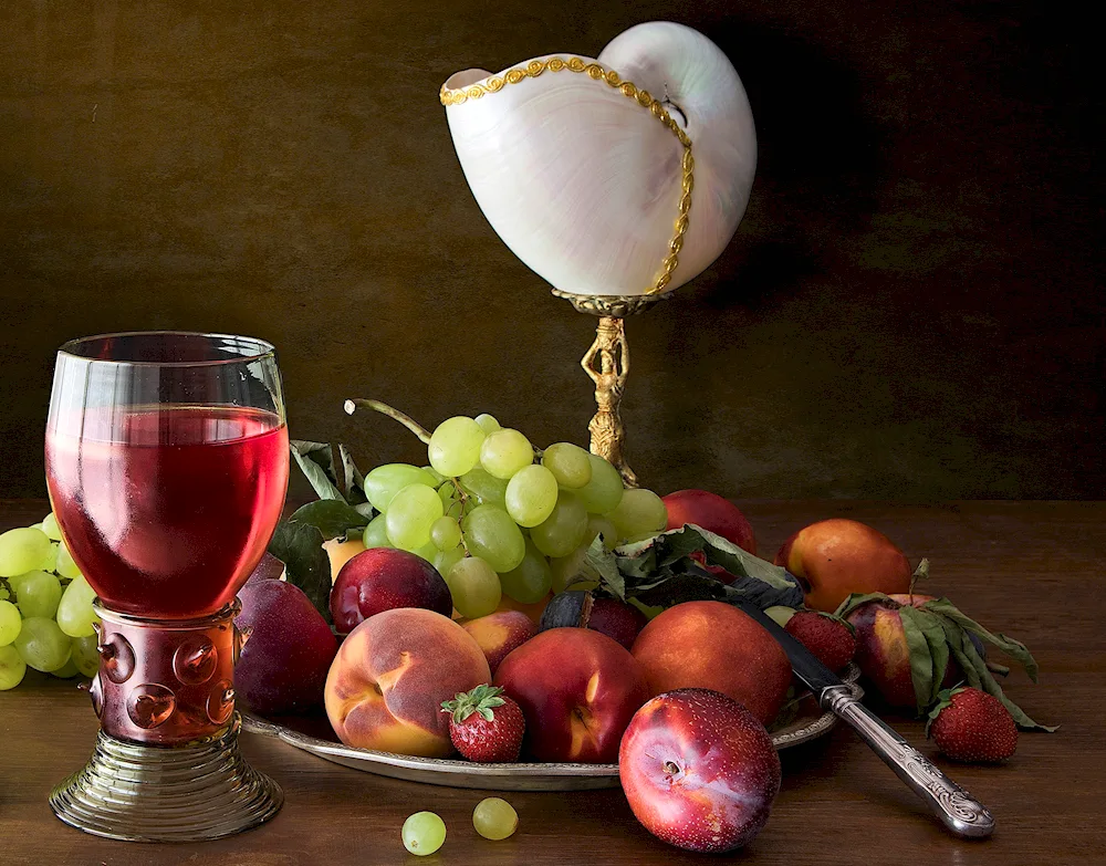 Wine still life with wine and fruit