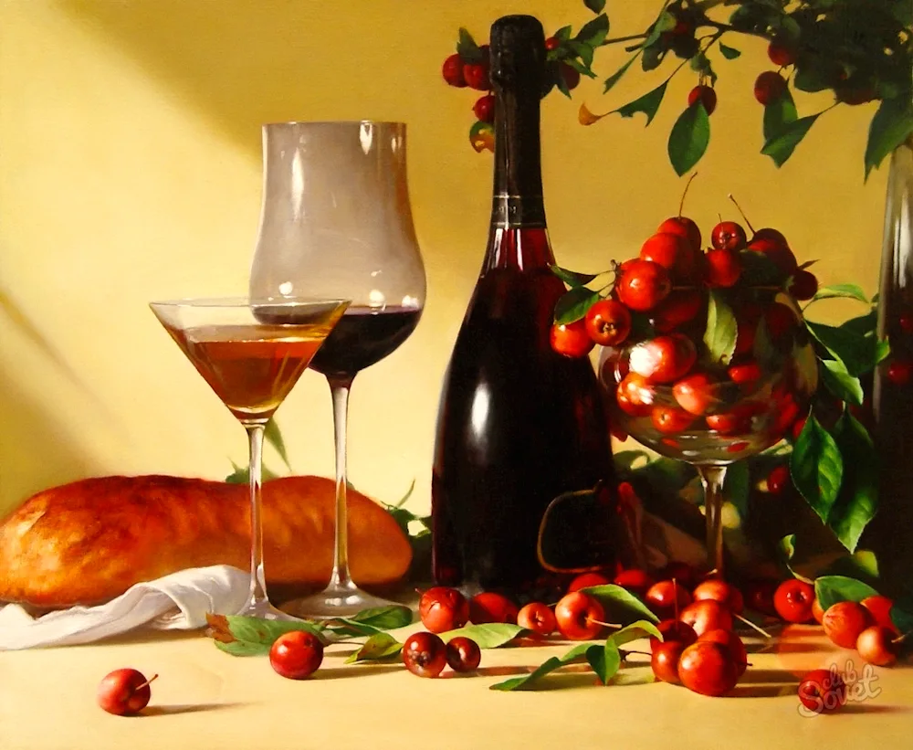 Still life with wine and fruit