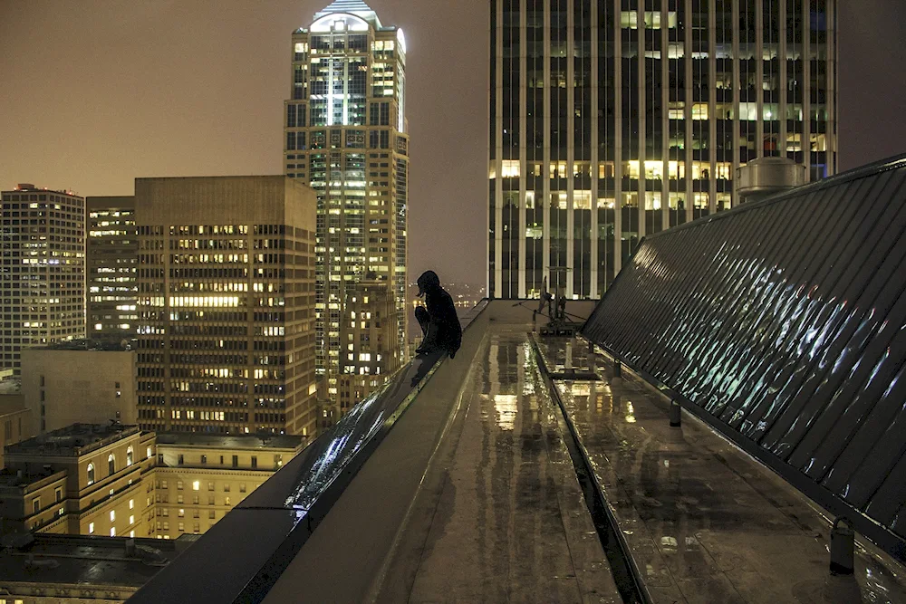 New York City skyscraper roof at night