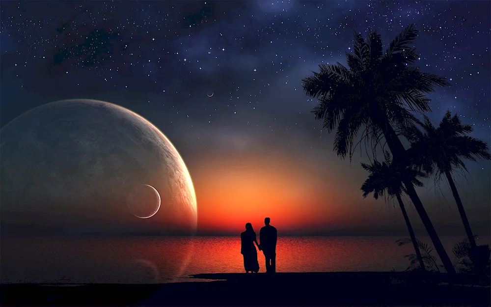 Lovers against the background of the moon