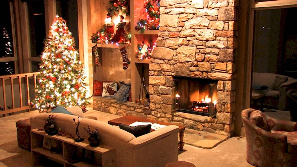 New Year's Eve Christmas tree and fireplace