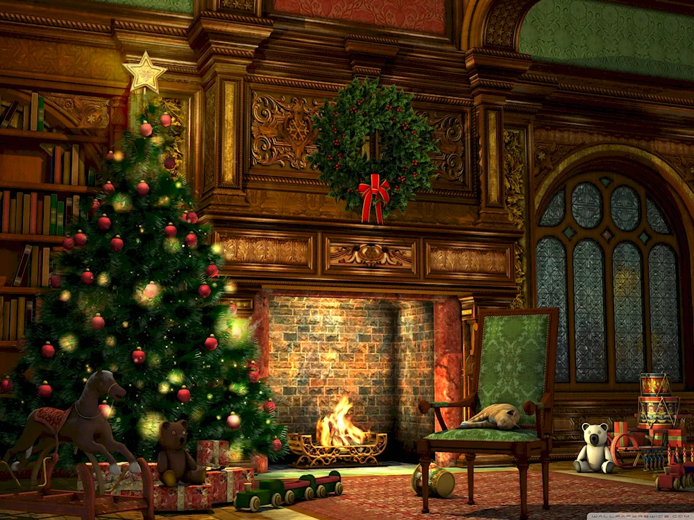 New Year's tree and fireplace