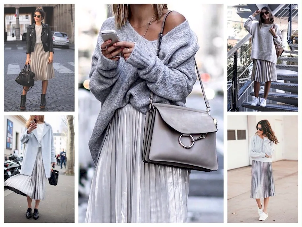 Seven images with grey pleated skirt