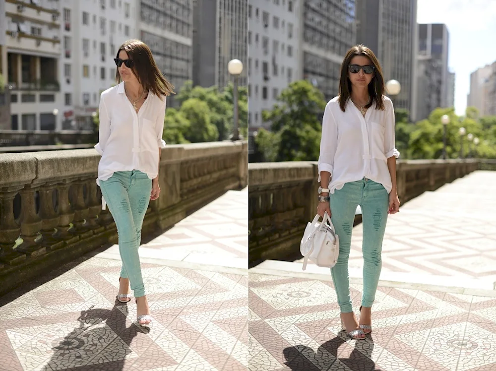 Green t-shirt and jeans