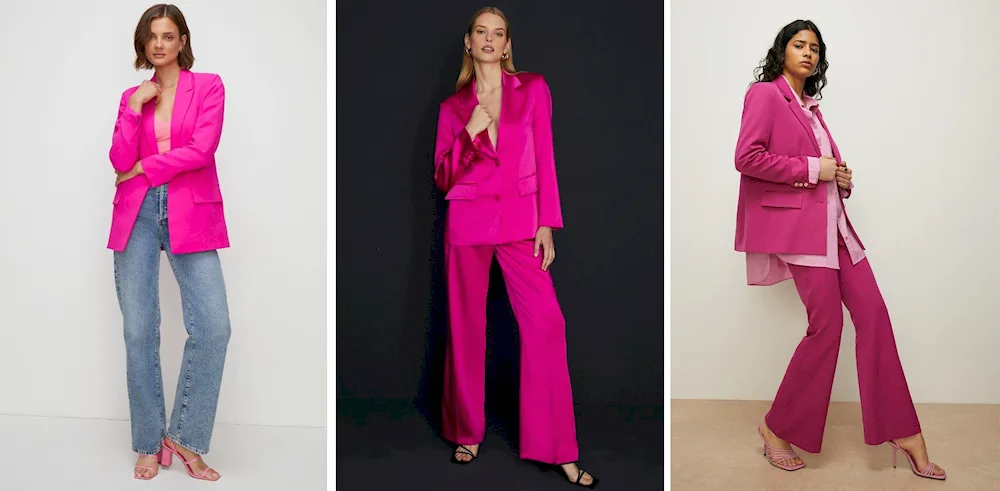 Oji red trouser suit with fuchsia coloured jacket