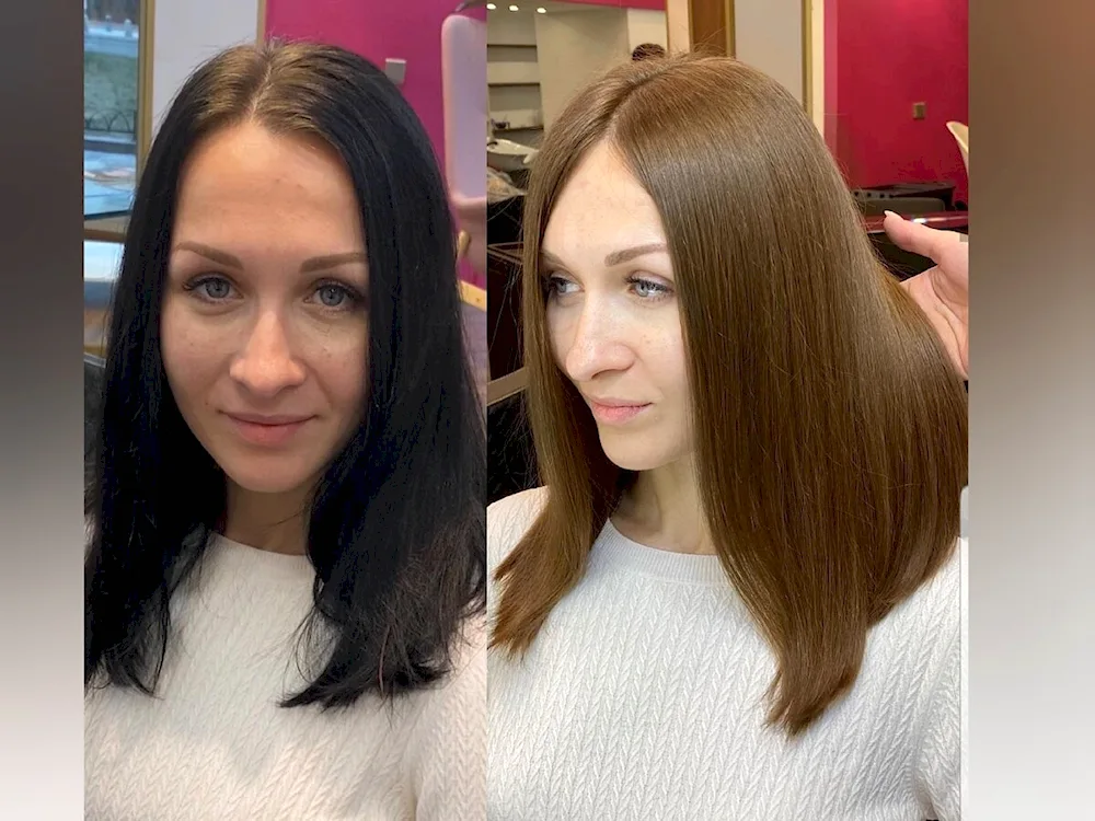 Bronding hair from black to russet