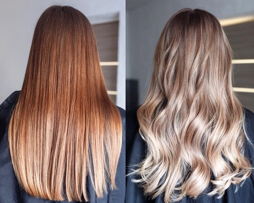 Long bob balayage ash brown hair colour