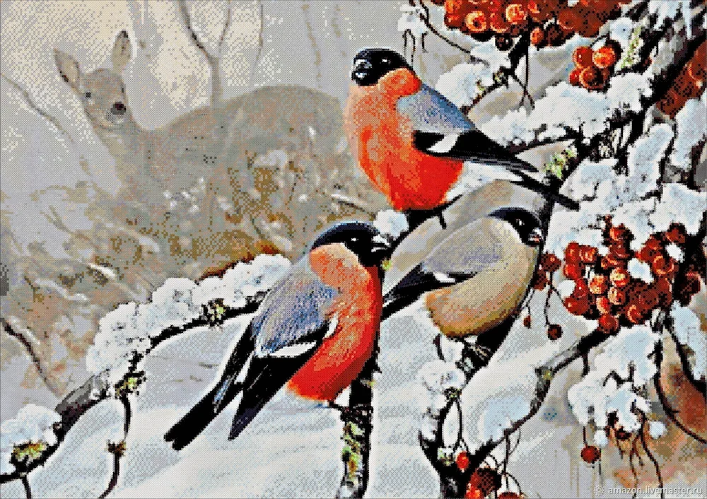 Winter landscape with snowfinches