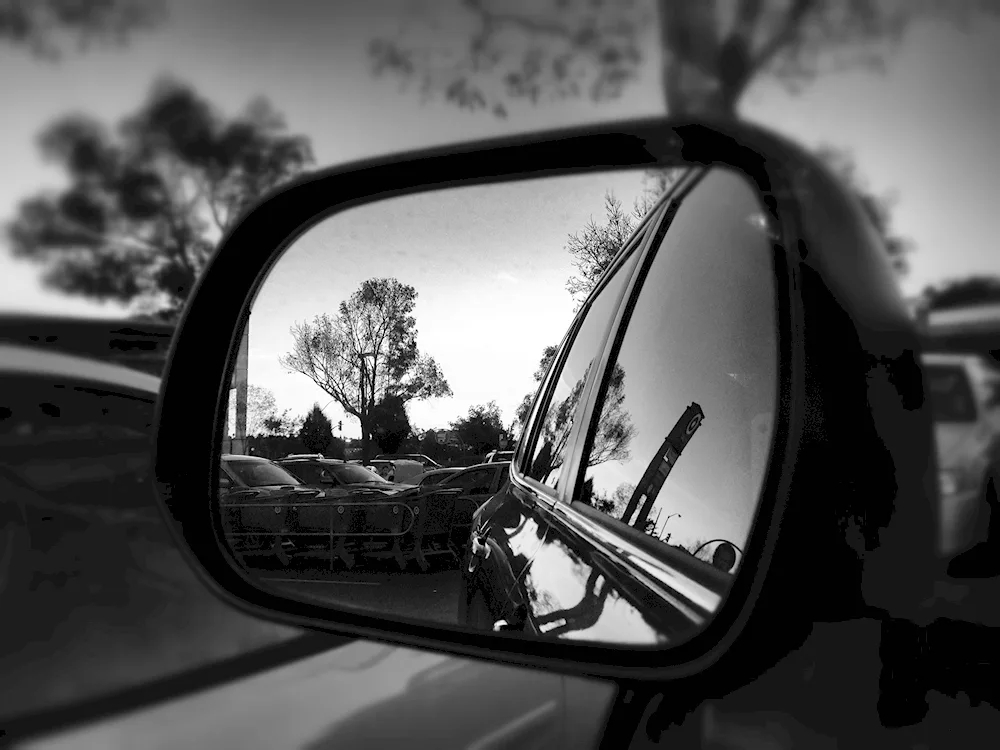 Reflection in a car mirror