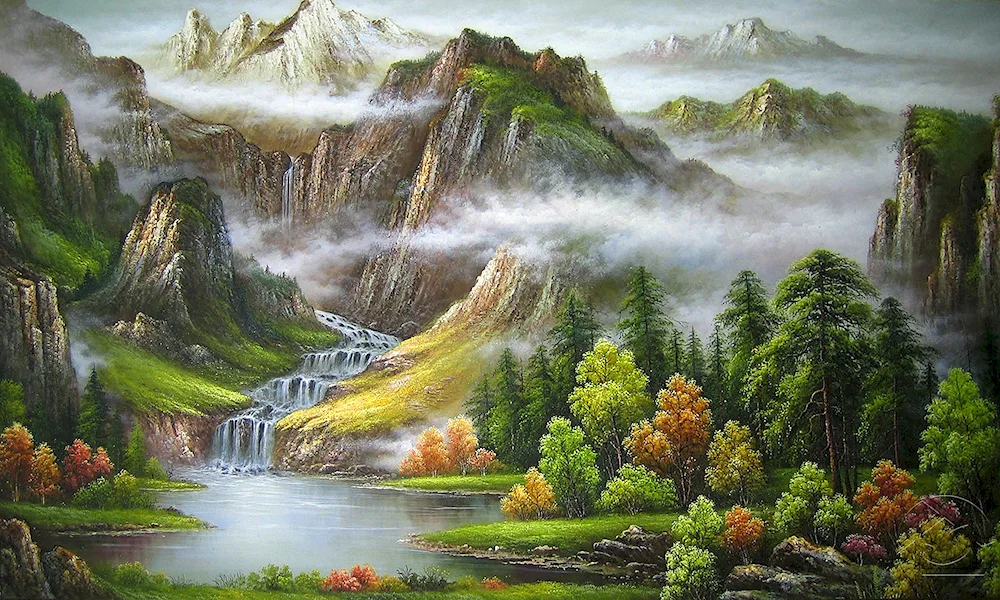 Artist Thomas Macaulay painting waterfall