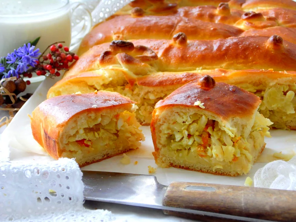 Cabbage and egg pie with yeast dough in the oven