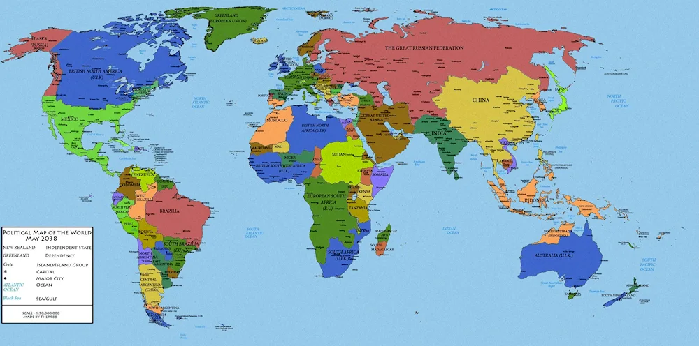 Geographical world map with countries large in Russian