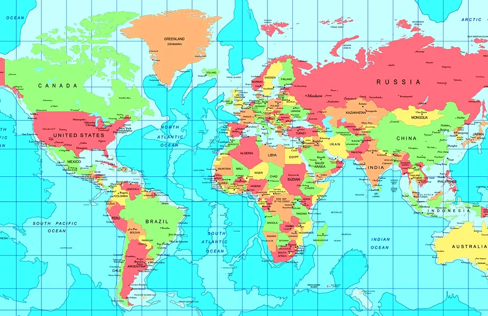 Map of the world with names of countries and cities in Russian 2022