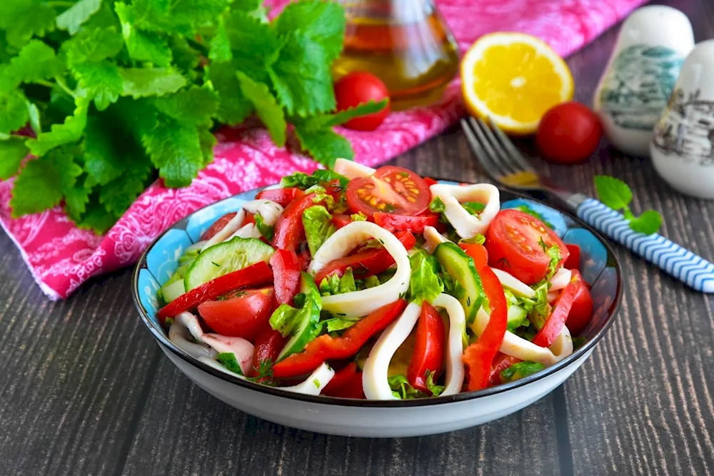 Tomatoes and cucumbers seafood salad