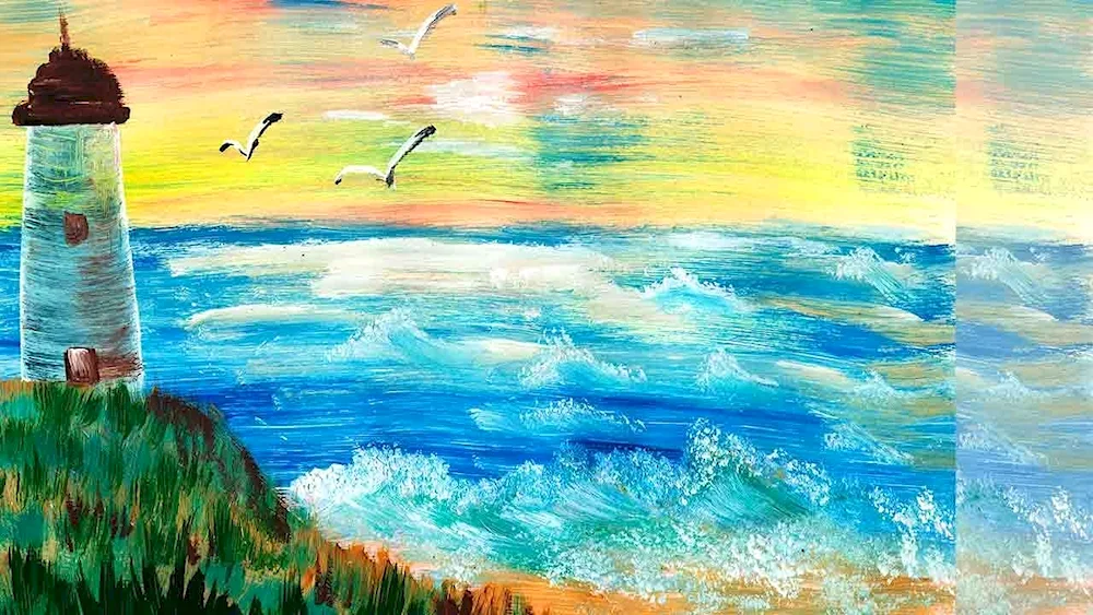 Right hemispheric drawing Lighthouse and sea