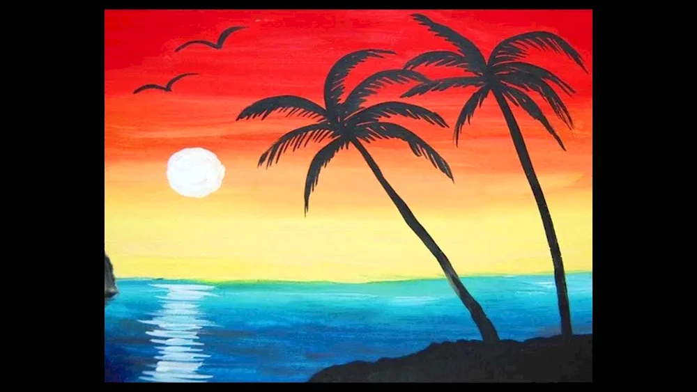 Right hemispheric drawing of island with palm trees