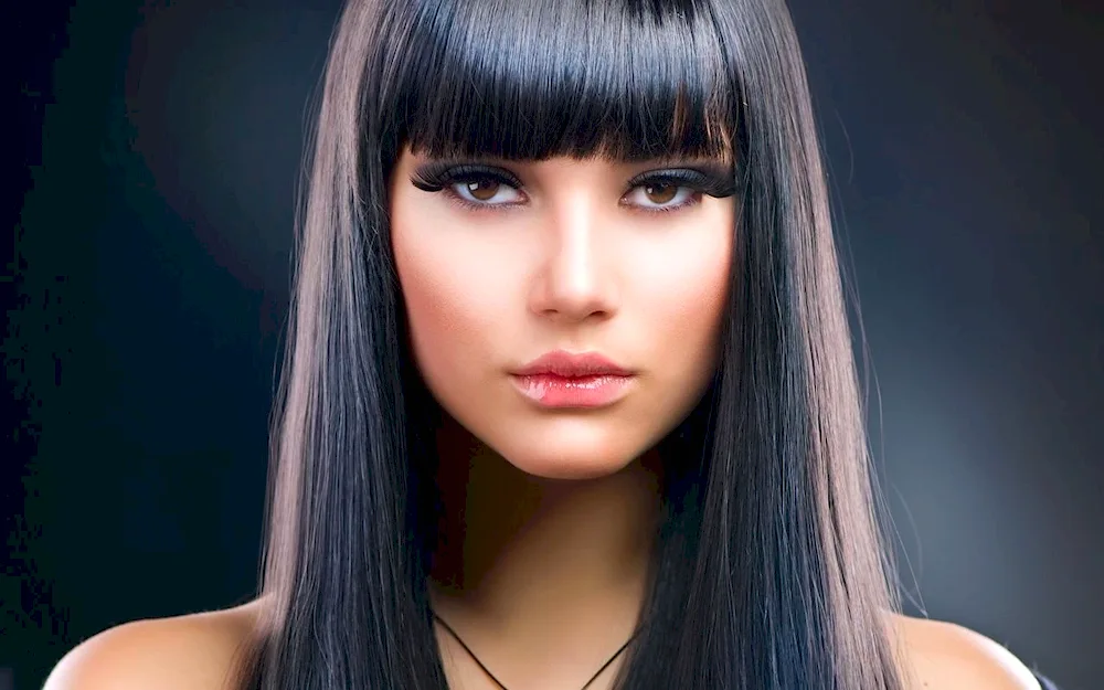 Straight black hair with bangs